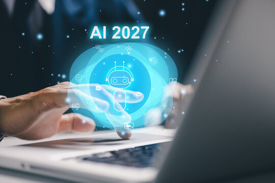 Artificial intelligence technology concept with user operating laptop and virtual AI assistant interface, representing automation, machine learning and digital innovation for 2027.