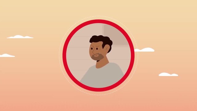 2D animation of a male avatar portrait highlighted inside a red target circle human resources audience concept