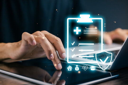 Digital insurance and protection concept with user working on laptop and tablet, virtual policy checklist and shield icon representing secure online coverage for modern users worldwide.
