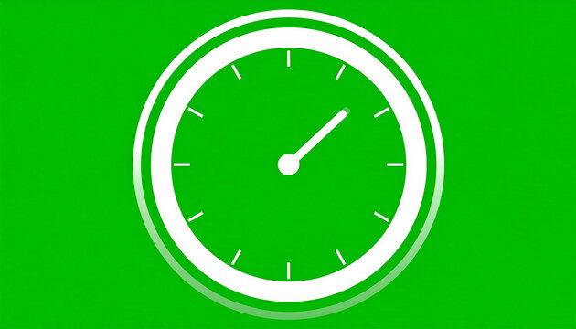 Modern minimalist white clock face with simple hour markers and a single hand on a vibrant green background