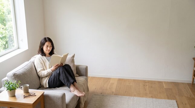 週末の午後に読書を楽しむ40代日本人女性のリラックスタイム
