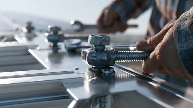 Worker installing solar panel mounting hardware using tools