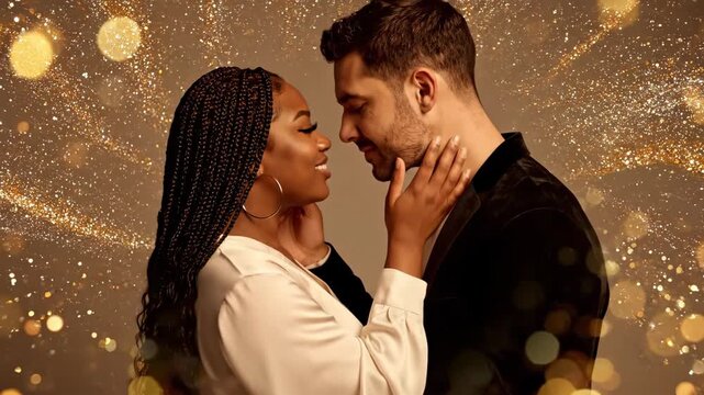 Romantic couple embracing with warm bokeh lights and dreamy glow