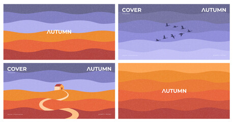 Fototapeta premium Modern Minimalistic Autumn Cover Set. Autumn vector cards featuring abstract landscapes with layered hills and sky. Flyers for seasonal brochure, branding, fall-themed project, packaging, promotion.