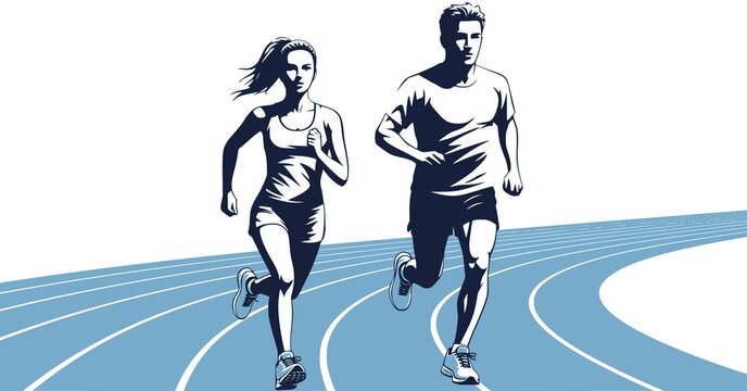 Silhouettes of athletic looking male and female runners running. Running man and woman, isolated illustration. JPEG version.