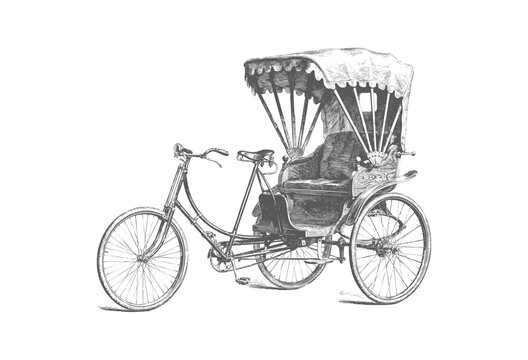 traditional cycle rickshaw with detailed heritage transportation illustration.