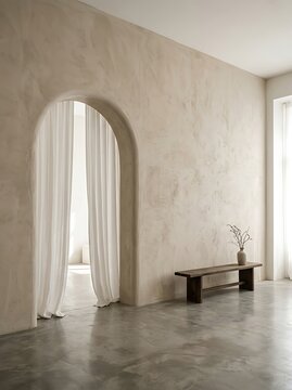 Minimalist room interior with light beige textured plaster walls, arched doorway with white curtains, concrete floor, and a simple wooden bench with a vase