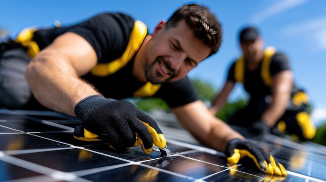 Workers install solar panel on rooftop sunny day