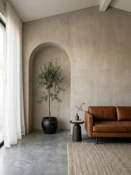 Modern minimalist living room interior with concrete walls, polished floor, leather sofa, side table, rug, and potted olive tree in an arched niche