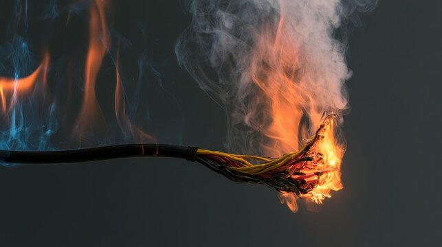 A damaged electrical wire is burning with bright flames and thick smoke against a dark background. This dangerous short circuit concept is ideal for fire safety and industrial.