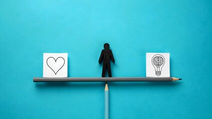 Obraz premium Conceptual image of a person balancing between heart and brain symbols on a pencil scale
