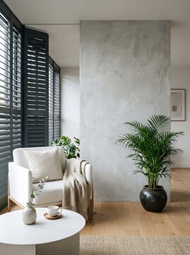 Modern living room interior with concrete accent wall, white armchair, potted palm tree, and large windows with black shutters