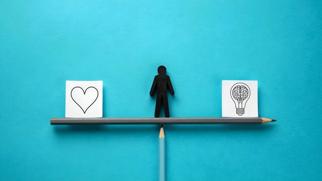 Conceptual image of a person balancing between heart and brain symbols on a pencil scale