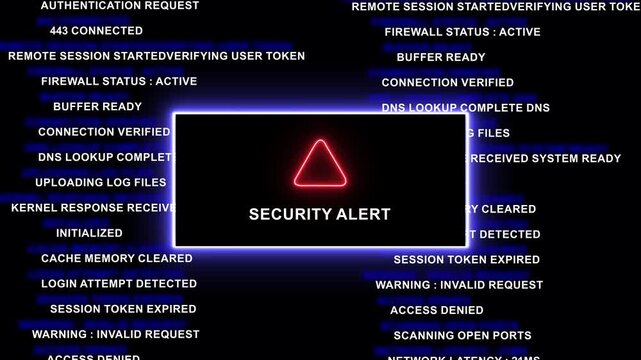 Cyber security alert warning screen with digital data processing logs and system error messages displaying unauthorized access attempt and network firewall breach notification in a high-tech interface