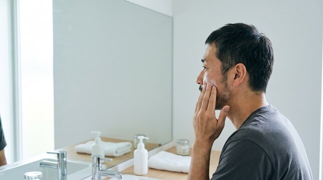 洗顔後に保湿する40代日本人男性のメンズスキンケア