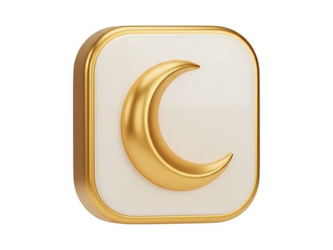 A 3d golden crescent moon icon set within a square cream colored frame