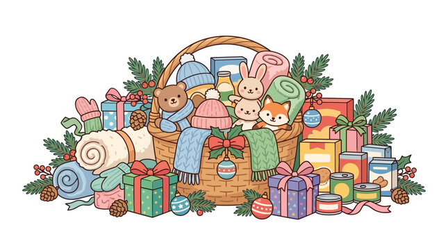 Wicker basket with blankets and plush toys.