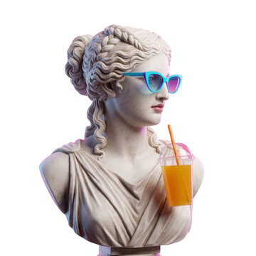 Klassische griechische Marmorb&uuml;ste einer Frau mit moderner blauer Sonnenbrille und einem erfrischenden orangen Getr&auml;nk in einem Plastikbecher vor wei&szlig;em Hintergrund f&uuml;r ein kreatives Designkonzept