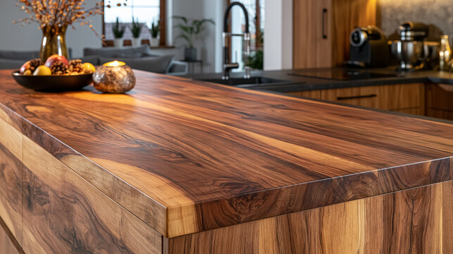 Modern kitchen interior featuring a beautiful dark wood countertop and island, highlighting luxurious grain texture and home decor design