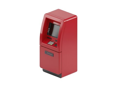 A vibrant red automated teller machine isolated on a clean white background