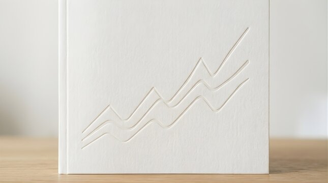 White book cover with embossed rising graph symbol on wooden table