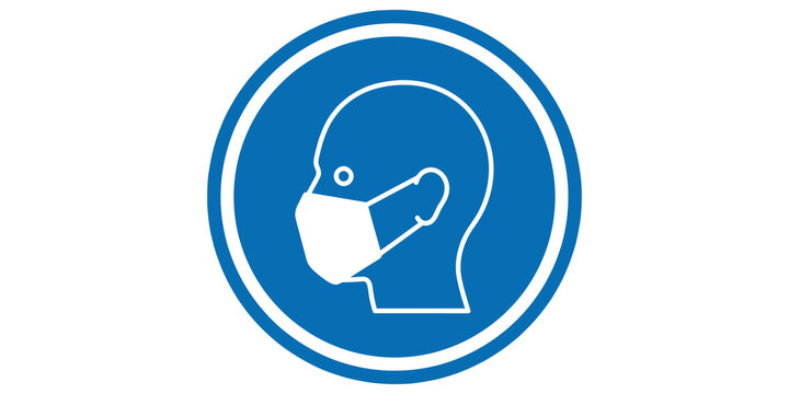 Blue circular sign with white icon of human head wearing face mask denotes mandatory medical protection.