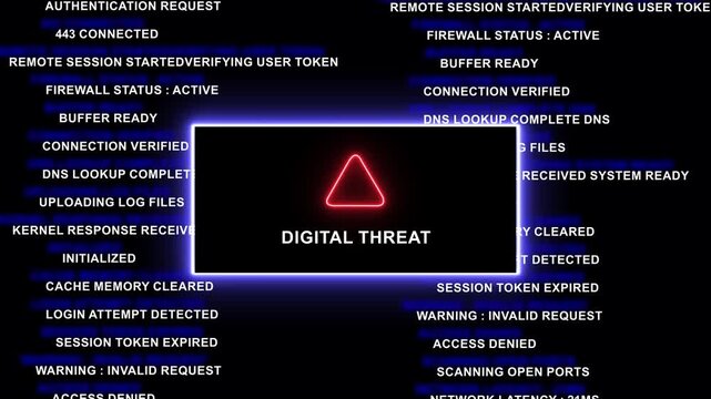 Cybersecurity digital threat warning alert displaying critical system error messages and unauthorized access attempts on a dark background, for advanced network, security monitoring and data