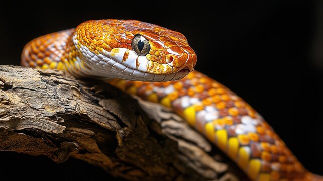 A colorful corn snake resting on a textured wooden branch