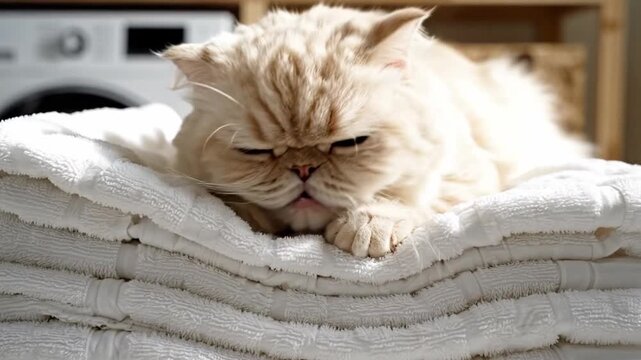 Adorable cream colored persian cat resting peacefully on a stack of fresh white towels in a sunlit laundry room, slowly waking up from a comfortable and cozy nap on the soft fabric