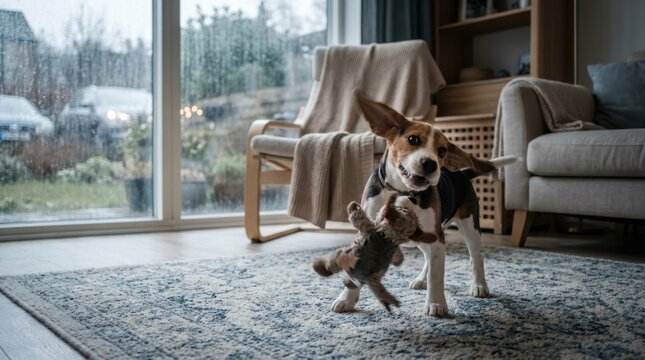 Playful Puppy's Indoor Fun: A happy beagle puppy, gripping a stuffed toy in its mouth, prances joyfully on a rug in a cozy living room, with large windows showing a rainy day outside.