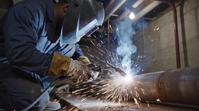 Skilled industrial worker in protective gear performing metal arc welding on a large pipe, with bright sparks and smoke filling the air. Metalworking and fabrication in a dimly lit workshop