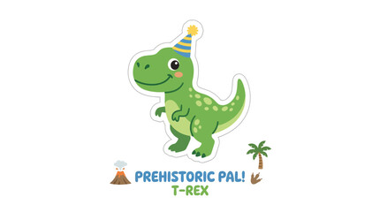 Fototapeta premium Cute Green Dinosaur Wearing a Festive Party Hat Illustration for Childrens Birthday Decoration and Playful Stationery Design Elements