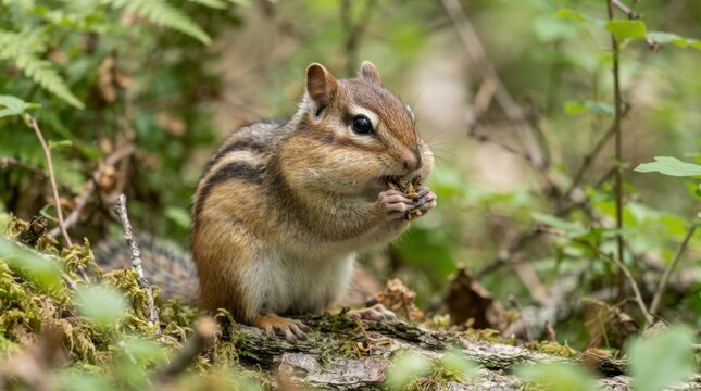 Chipmunk with Stuffed Cheeks: A cute chipmunk with puffed-out cheeks is diligently gathering nuts in a natural forest setting, showcasing its busy foraging behavior.