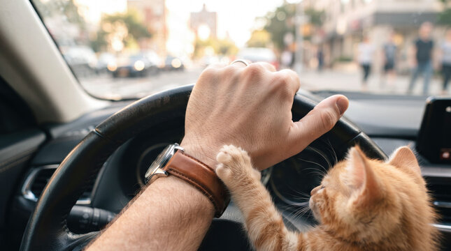 Cute Ginger Kitten Reaching Paw Toward Driver's Hand on Steering Wheel