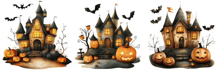 Fototapeta premium Set of A spooky watercolor clipart of a haunted house with eerie glowing windows on transparent background. Ai generated