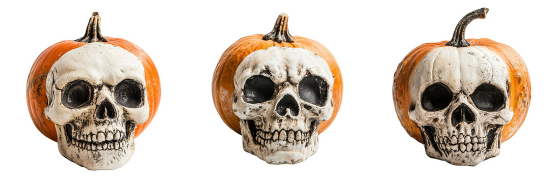 Set of A traditional orange Halloween pumpkin with a carved smiling face on transparent background. Ai generated