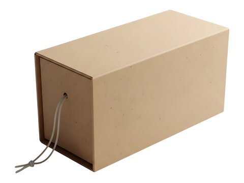 An isolated rectangular beige cardboard storage box with a pull string cord
