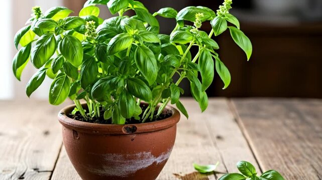 Fresh green basil plant in a terracotta pot on a rustic wooden table.