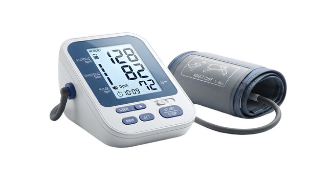 Digital blood pressure monitor with arm cuff, automatic electronic sphygmomanometer for home health tracking, medical diagnostic tool on white