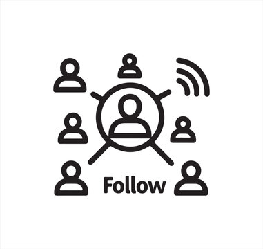 Network of outlined people icons around a central figure with 'follow' text and wifi signal for social media interaction vector. Minimalist Line Icon Vector