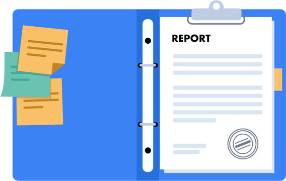 Open blue binder folder containing business report document and sticky notes