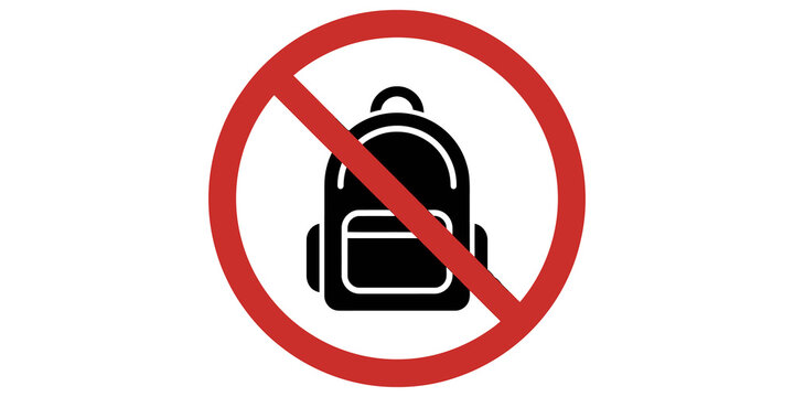 No backpack prohibited sign icon with black bag symbol in red circle for public facility access restrictions.