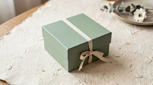 Green Gift Box With White Ribbon on Textured Tablecloth for Elegant Packaging and Gifting Occasions