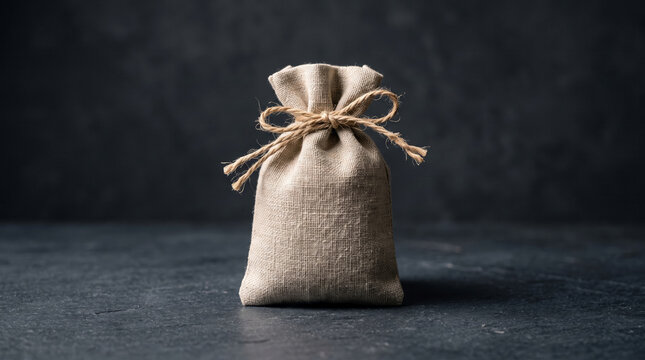 Simple burlap sack filled with grains resting on a dark