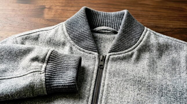 Grey Zip up Jacket With Ribbed Collar and Cuffs on Wooden Surface