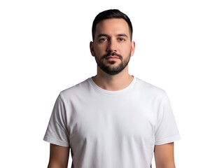 Fototapeta premium Portrait of a young man wearing a plain white t-shirt on a white background