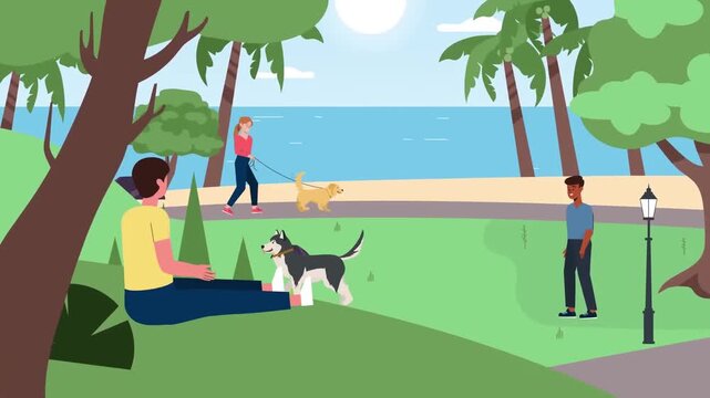 2D animation of a woman sitting on grass with dogs near a tropical beach and palm trees outdoor leisure concept