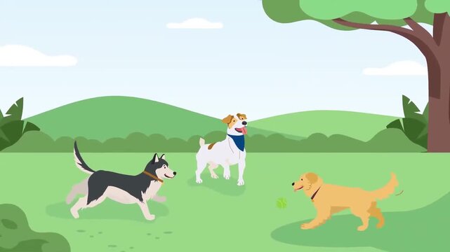 2D animation of three different dogs running and playing together on a green park grass field pet exercise