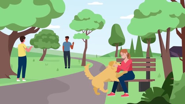 2D animation of a woman sitting on a park bench petting a golden retriever dog outdoor park walking concept