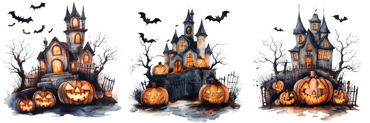 Fototapeta premium Set of Charming watercolor illustration of a cozy Halloween house with glowing windows on transparent background. Ai generated